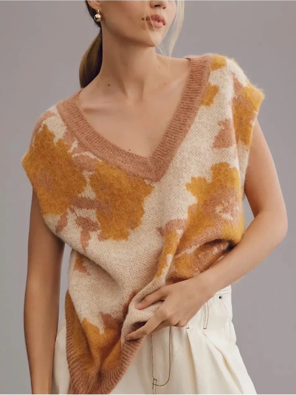 Anthropologie Maeve Plunging Loopy Floral Sweater Vest